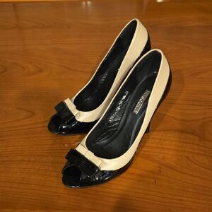 Chic Black and Cream Peep-Toe Heels